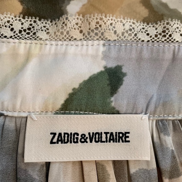 Zadig & Voltaire Tink Camou Blouse V-Neck Lace Trim Green Camo Top Medium M - Picture 5 of 8